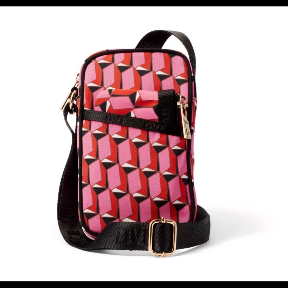 NWT Diane Von Furstenberg Pink and Black Geometric Crossbody Cellphone holder